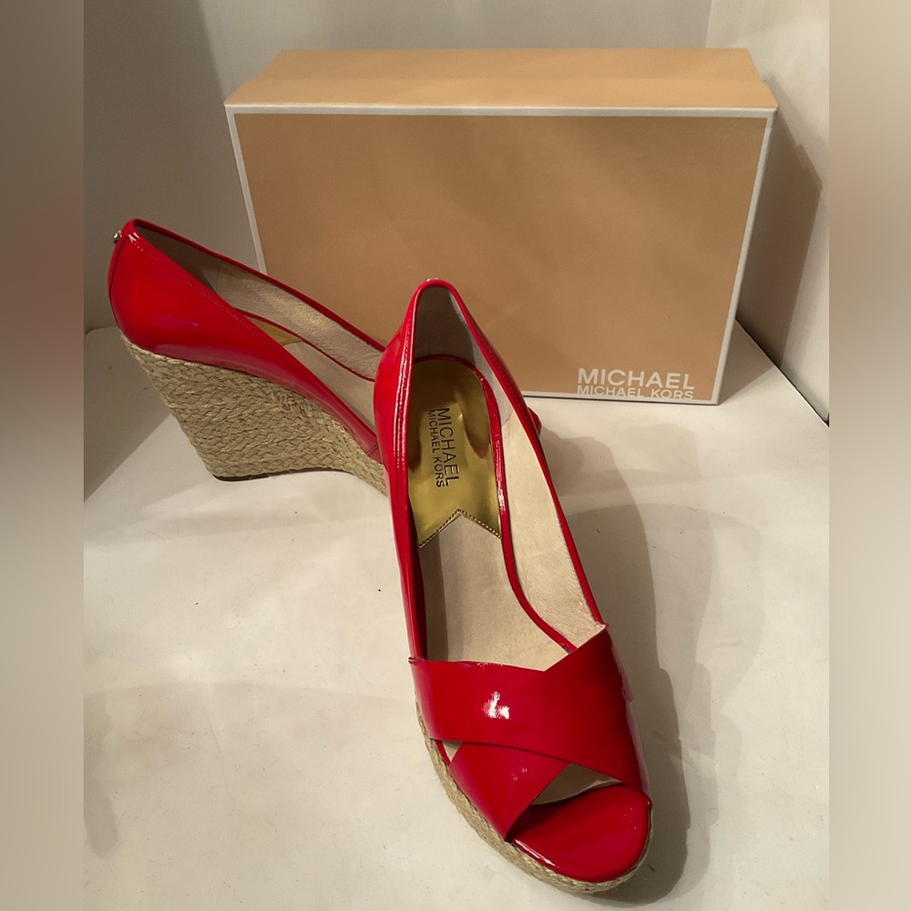 Michael Kors red patent open toe wedge shoes